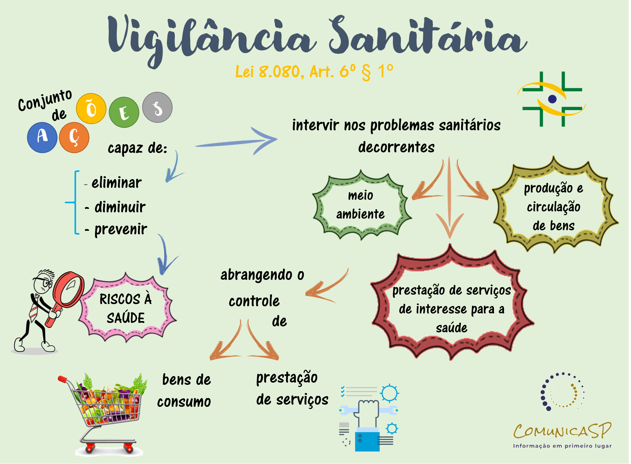 Entende-se por vigilância sanitária um conjunto de ações capaz de eliminar, diminuir ou prevenir riscos à saúde e de intervir nos problemas sanitários decorrentes do meio ambiente, da produção e circulação de bens e da prestação de serviços de interesse da saúde, abrangendo:  o controle de bens de consumo e o controle da prestação de serviços