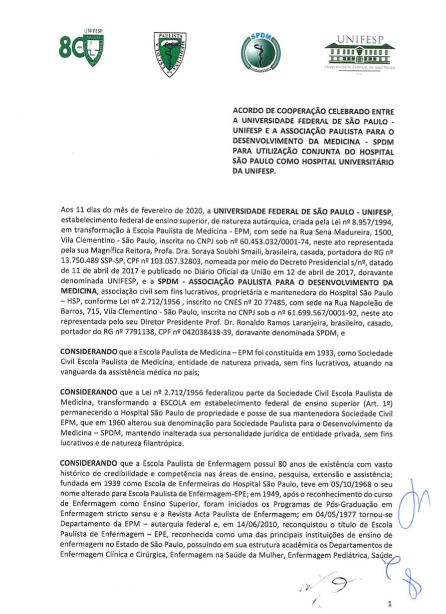 Acordo cooperacao Unifesp e SPM utilizacao HSP como hospital universitario