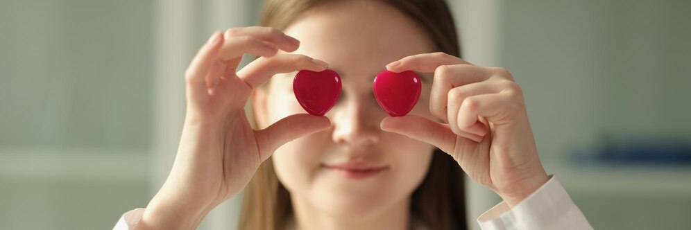 doctor cardiologist holding two toy red hearts front eyes closeup 151013 51608