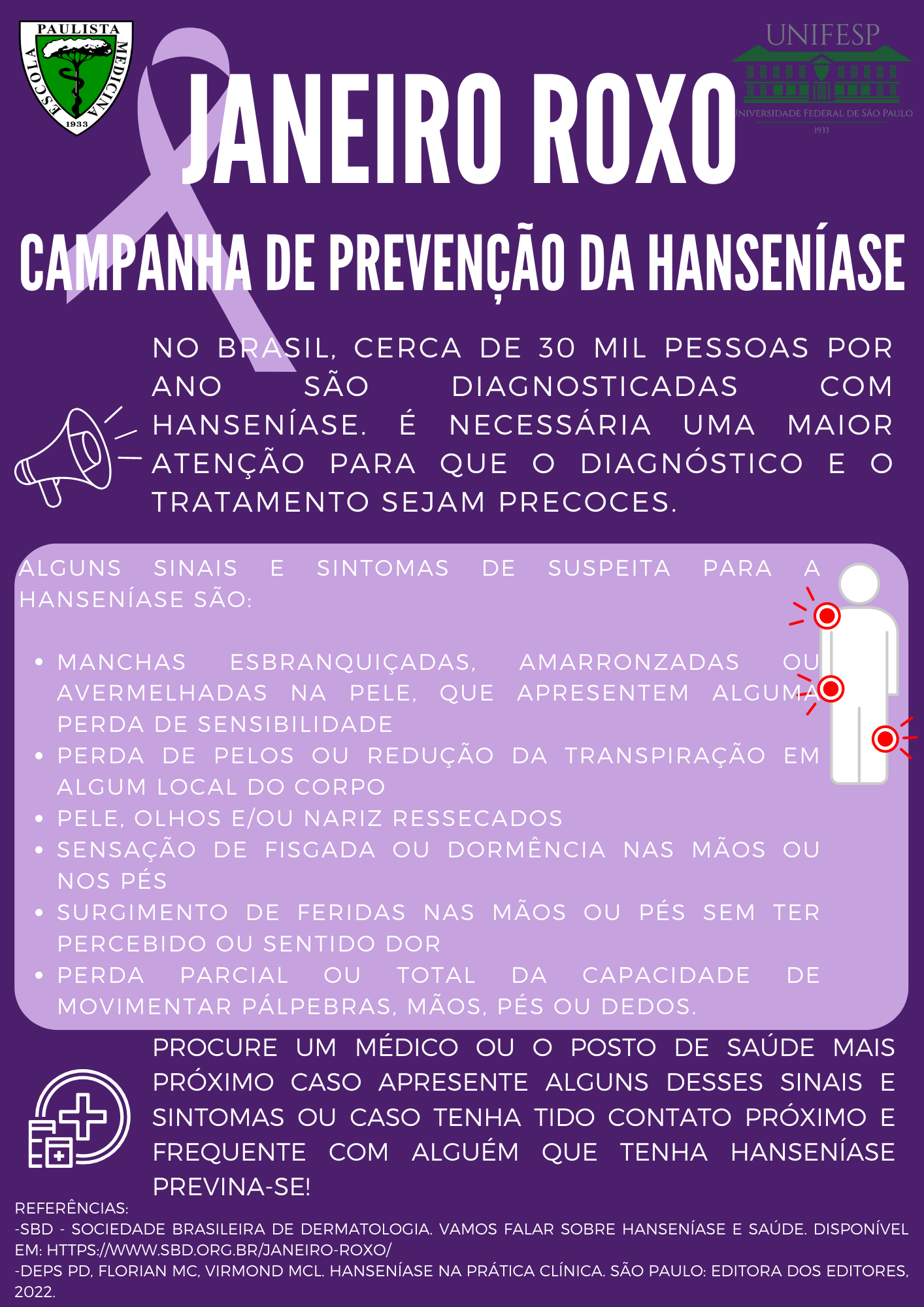 Campanha de prevenção da hanseníase. No Brasil, cerca de 30 mil pessoas por ano são diagnosticadas com hanseníase. É necessária uma maior atenção para que o diagnóstico e o tratamento sejam precoces. 